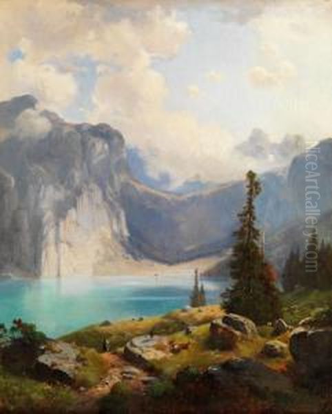 Blick Auf Einen Alpensee Oil Painting by Anton Schiffer