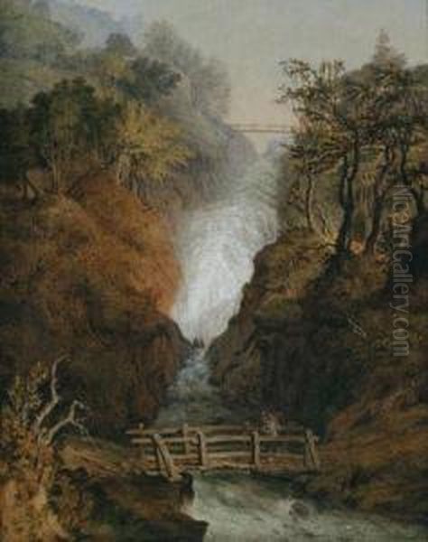 Waterfall With Wood Gatherer On The Bridge Oil Painting by Anton Schiffer