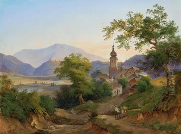 Attributed Scene From The Salzkammergut In Upper Austria Oil Painting by Anton Schiffer