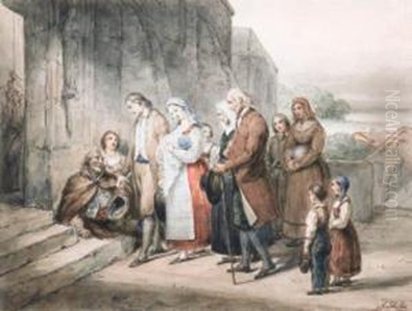 A Christening Party Before The Entrance To A Church Oil Painting by Anton Schiffer