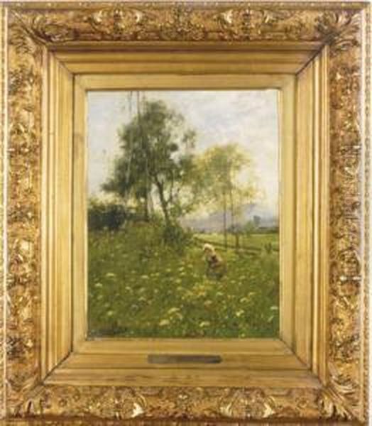 A Girl In A Field Of Wildflowers Oil Painting by Emil Jakob Schindler