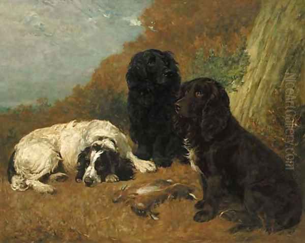 Midday Rest - spaniels with rabbits in a landscape Oil Painting by John Emms