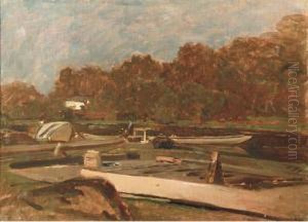 Boats At Dock Along The Riverbank Oil Painting by Emil Jakob Schindler