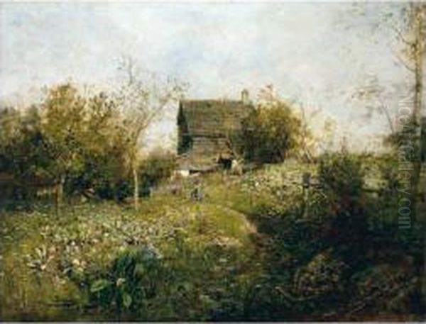 Bauernhof Bei Haslau An Der Donau (farmhouse Near Haslau On The Danube) Oil Painting by Emil Jakob Schindler