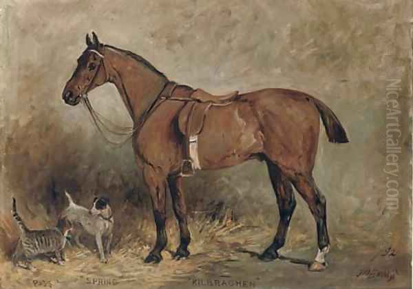 Kilbrachen, a saddled hunter with Puss, a kitten and Spring, a Jack Russell terrier Oil Painting by John Emms