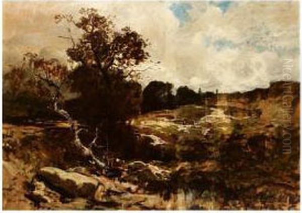 A Study For A River Landscape Oil Painting by Emil Jakob Schindler