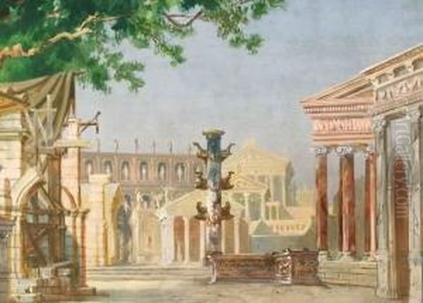 Entwurf Einer Theaterbuhne Mit Gebauden In Landschaft Oil Painting by Karl Friedrich Schinkel