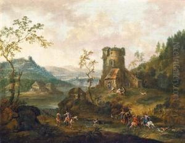 Flusslandschaft Mit Rundturm Oil Painting by Maximilian Joseph Schinnagl