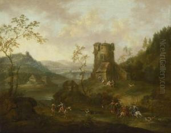 Flusslandschaft Mit Altem Turm Und Figurenstaffage Oil Painting by Maximilian Joseph Schinnagl