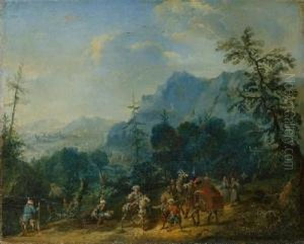 Landschaft Mit Orientalischer Reiterstaffage Oil Painting by Maximilian Joseph Schinnagl