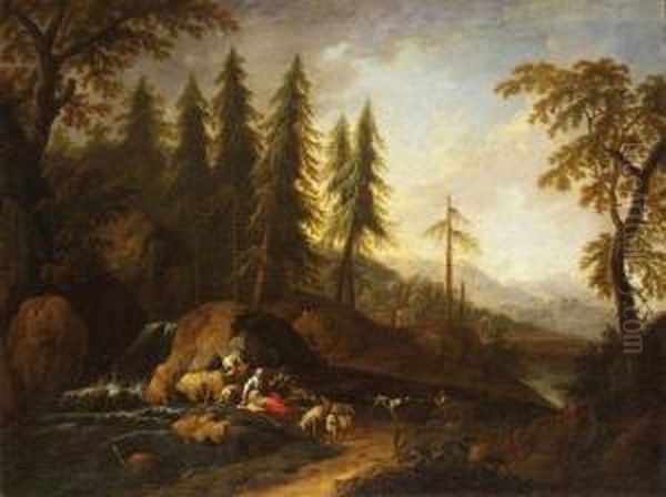 Umkreis - Schafer Am Wasserfall Oil Painting by Maximilian Joseph Schinnagl