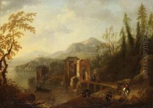 Umkreis - Landschaft Mit Ruine Am Flussufer Oil Painting by Maximilian Joseph Schinnagl