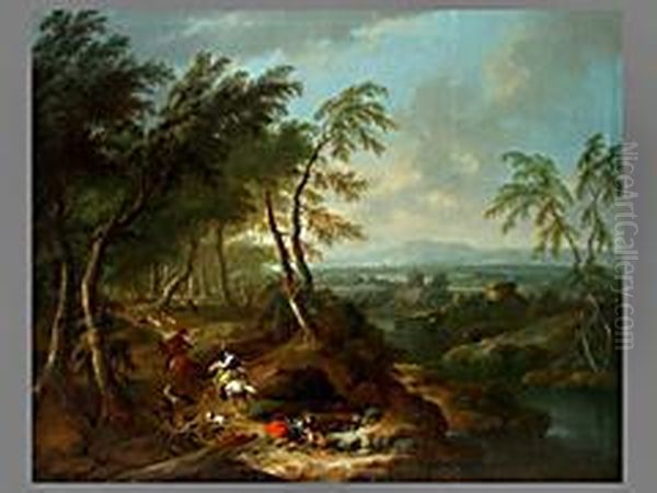 Hirschjagd In Ideallandschaft Oil Painting by Maximilian Joseph Schinnagl