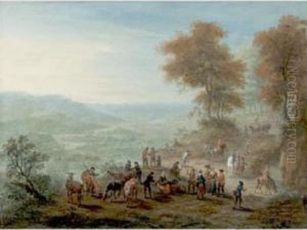 Travellers In A Landscape Oil Painting by Maximilian Joseph Schinnagl