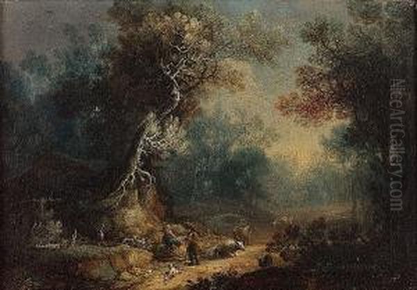 A Wooded Landscape With A Drover
 And Cattle On A Track; And A Wooded Landscape With Peasants Resting By A
 Tree Oil Painting by Maximilian Joseph Schinnagl