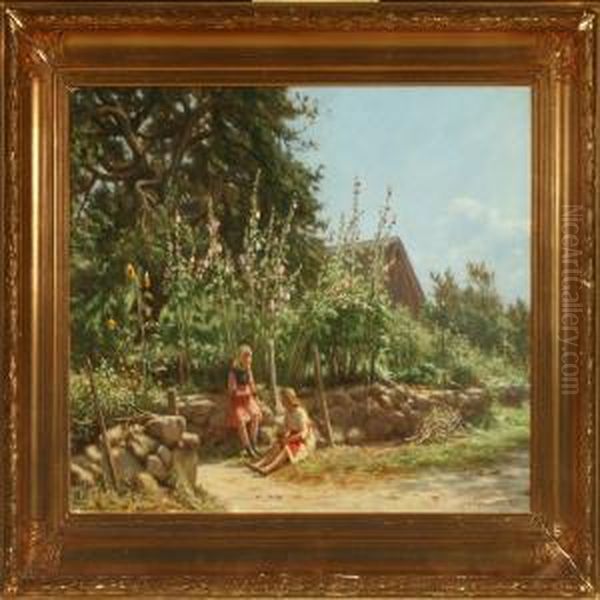 Two Girlssitting By Stone Fence In Flowering Garden Oil Painting by N. F. Schiottz-Jensen