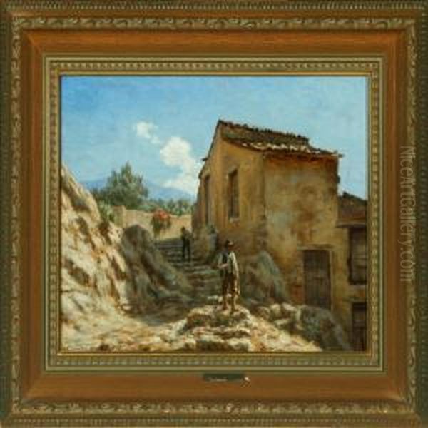 Italian Villagelife With People On A Staircase Oil Painting by N. F. Schiottz-Jensen