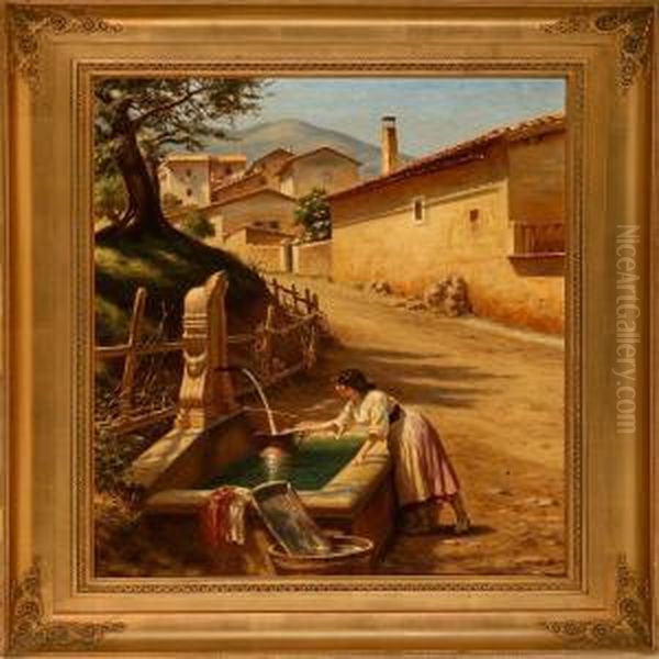 Italian Street Scene Oil Painting by N. F. Schiottz-Jensen