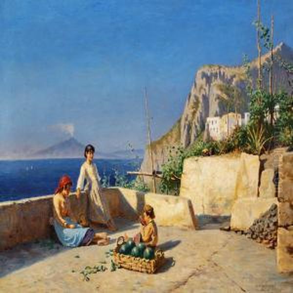 View Of Capri With Children Eating Fruit On A Terrace Oil Painting by N. F. Schiottz-Jensen