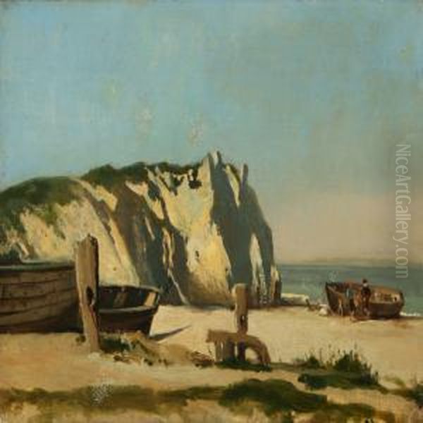 Coastal Scenery With Boats On The Beach Oil Painting by N. F. Schiottz-Jensen