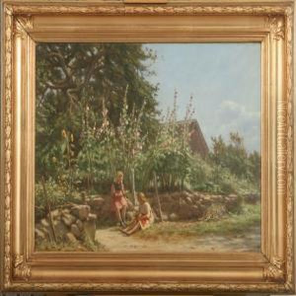 Two Girls Sitting By Stone Fence In Flowering Garden Oil Painting by N. F. Schiottz-Jensen