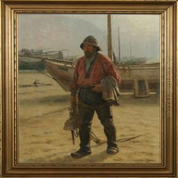 A Fisherman On The Beach Oil Painting by N. F. Schiottz-Jensen