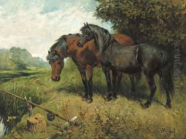 Ponies on a riverbank Oil Painting by John Emms