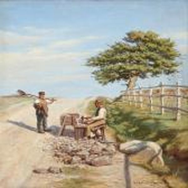 Road With A Stonemason And A Farmer Oil Painting by Niels Frederik Schiottz-Jensen