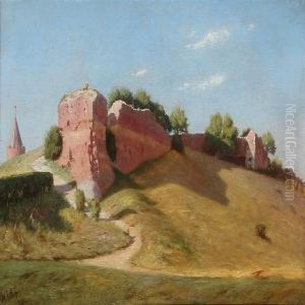 Summer Day With Castle Ruins And Gasetarnet (the Goose Tower) Oil Painting by Niels Frederik Schiottz-Jensen