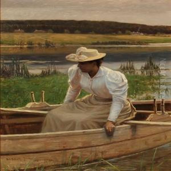 A Woman In A Rowingboat Oil Painting by Niels Frederik Schiottz-Jensen