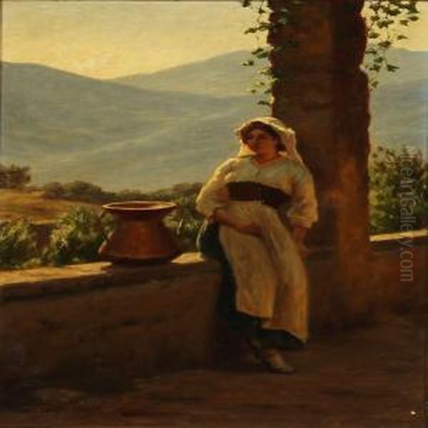 An Italian Woman Resting In A Pergola Oil Painting by Niels Frederik Schiottz-Jensen