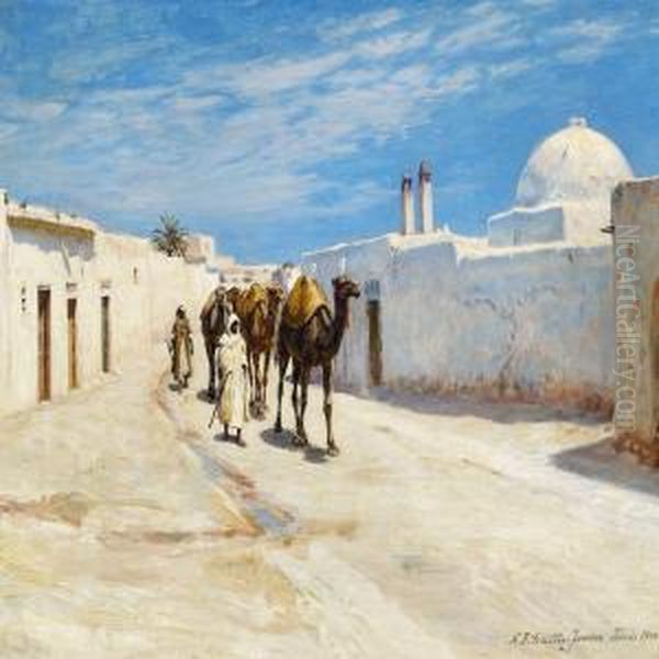 Kameler I En Gade I Tunis Oil Painting by Niels Frederik Schiottz-Jensen