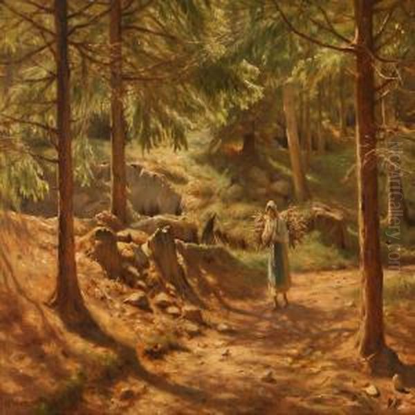 A Woman Collects Firewood In The Forest Oil Painting by Niels Frederik Schiottz-Jensen