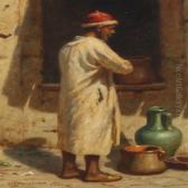 Standing Gentleman By Some Jars Oil Painting by Niels Frederik Schiottz-Jensen