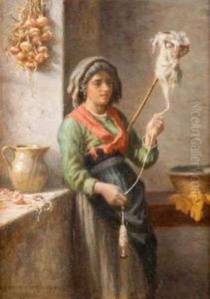 La Filatrice Oil Painting by Niels Frederik Schiottz-Jensen