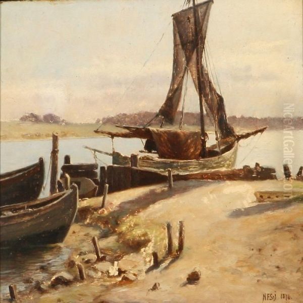 Havneparti Fra Vordingborg Oil Painting by Niels Frederik Schiottz-Jensen