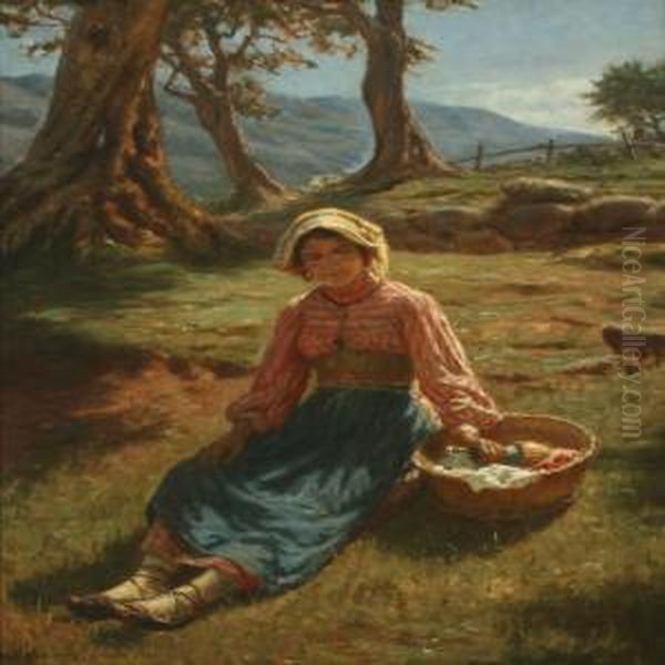 An Italian Country Girl With Lunch Basket Oil Painting by Niels Frederik Schiottz-Jensen