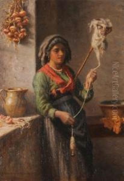 La Filatrice Oil Painting by Niels Frederik Schiottz-Jensen