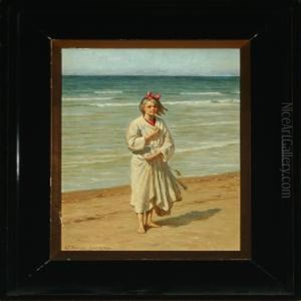 Beach Withblond Girl In White Robe Oil Painting by Niels Frederik Schiottz-Jensen