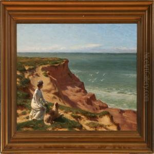 A Woman And Dogenjoying The View Over The Sea Oil Painting by Niels Frederik Schiottz-Jensen