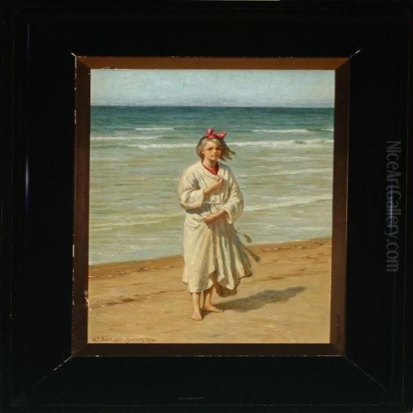 Beach With Blond Girl In White Robe Oil Painting by Niels Frederik Schiottz-Jensen