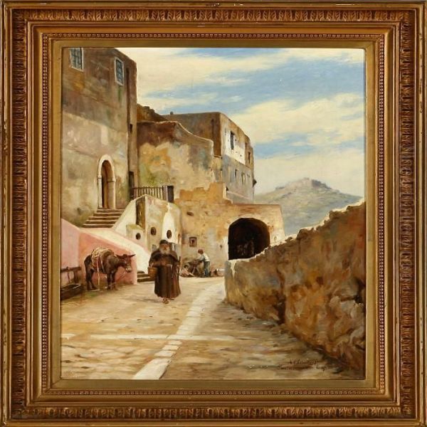 A Monk In A Mountain Village Oil Painting by Niels Frederik Schiottz-Jensen