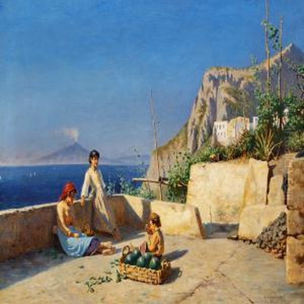 View Of Capri With Children Eating Fruit On A Terrace Oil Painting by Niels Frederik Schiottz-Jensen