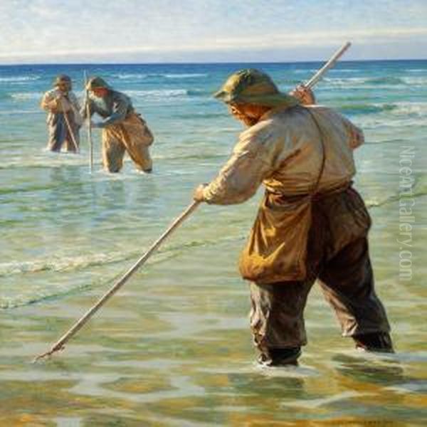 Fishermen Catching Flatfish Oil Painting by Niels Frederik Schiottz-Jensen