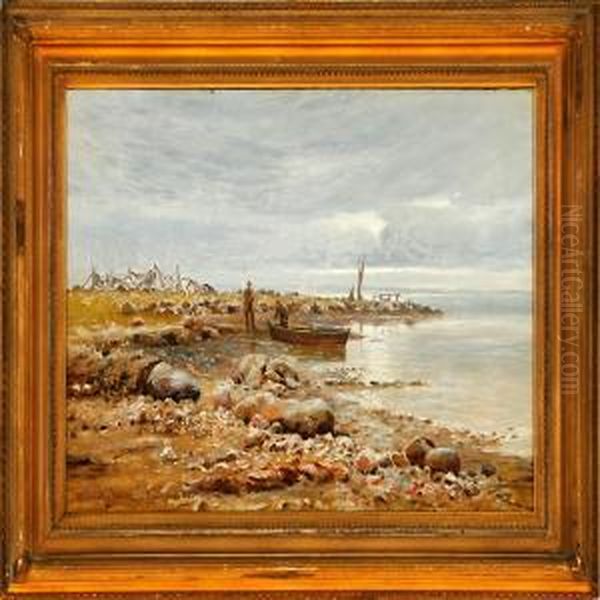 A Coastal Scenewith Fishermen At Their Boats Oil Painting by Niels Frederik Schiottz-Jensen