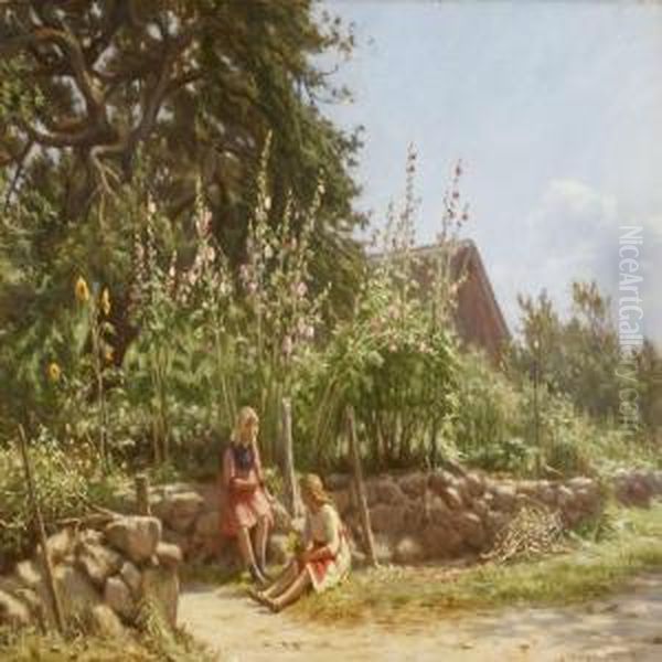 Two Girls Sitting By Stone Fence In Flowering Garden Oil Painting by Niels Frederik Schiottz-Jensen