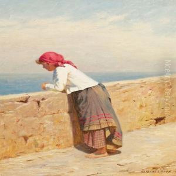 A Young Southeuropean Bare-footed Woman Overlooking The Sea Oil Painting by Niels Frederik Schiottz-Jensen