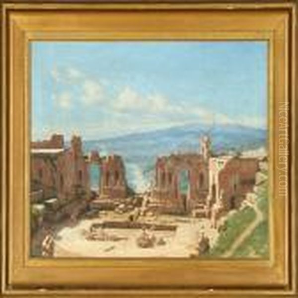 The Greek Theatre In Taormina Oil Painting by Niels Frederik Schiottz-Jensen