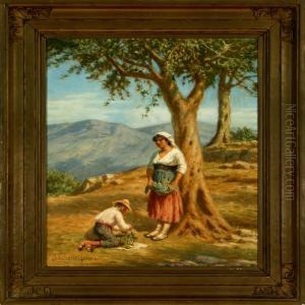 Mother And Son At A Fig Tree In Italy Oil Painting by Niels Frederik Schiottz-Jensen