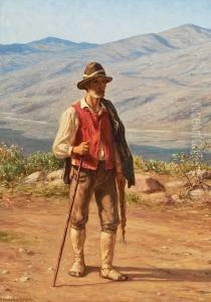 An Italian Man In A Mountain Scenery Oil Painting by Niels Frederik Schiottz-Jensen